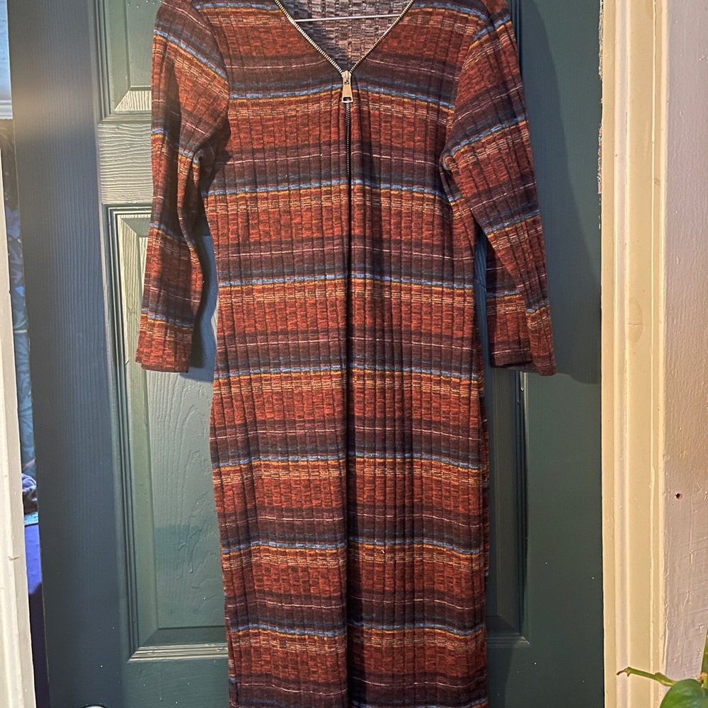 Sami & Jo Brown and Orange Ribbed V-Neck Sweater Dress